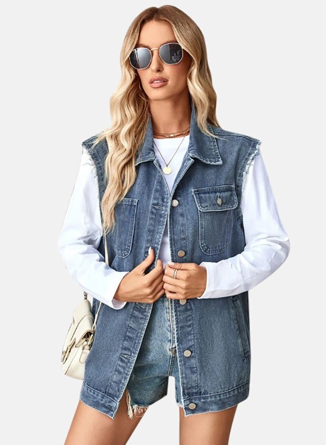 Blue Collared Sleeveless Denim Jacket