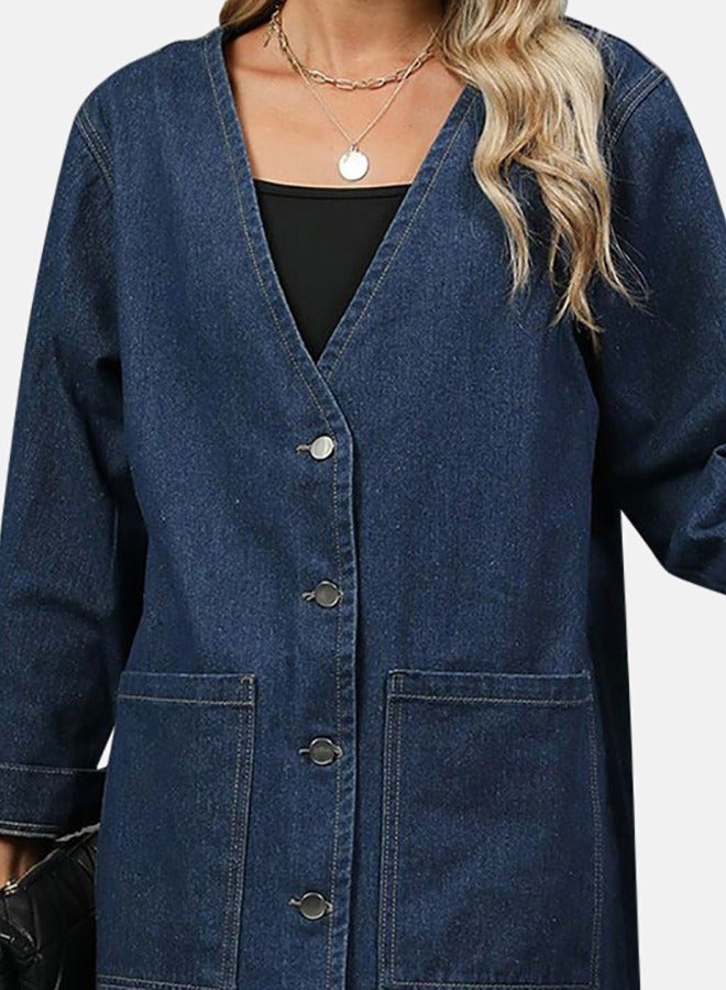 Blue Open front Long Sleeve Denim Jacket