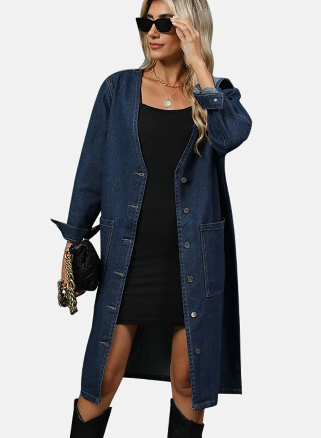 Blue Open front Long Sleeve Denim Jacket