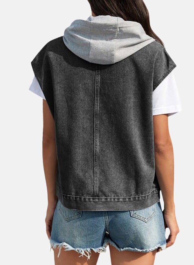 Black Collared Sleeveless Denim Jacket