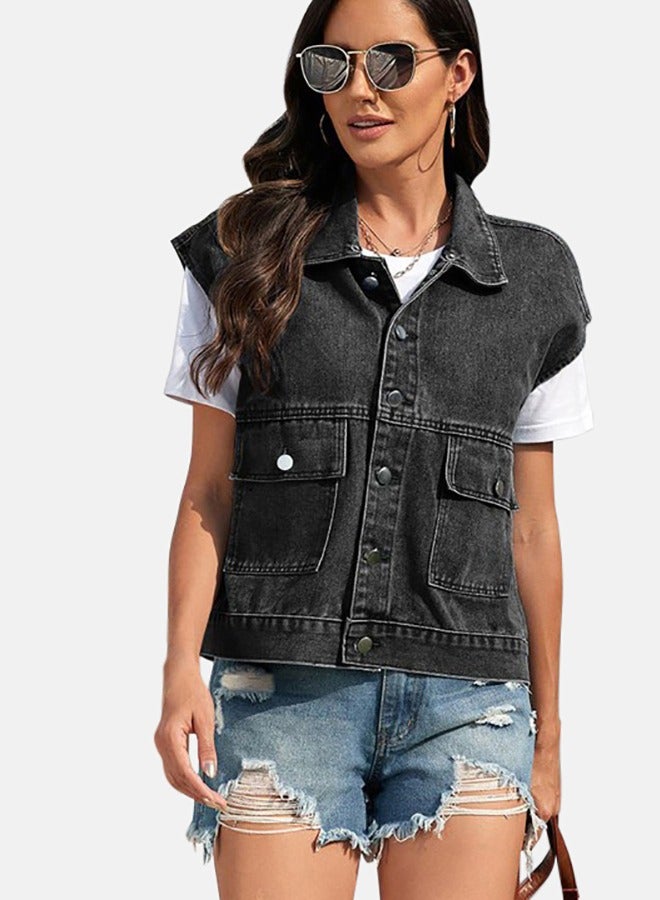 Black Collared Sleeveless Denim Jacket