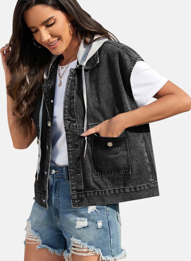 Black Collared Sleeveless Denim Jacket