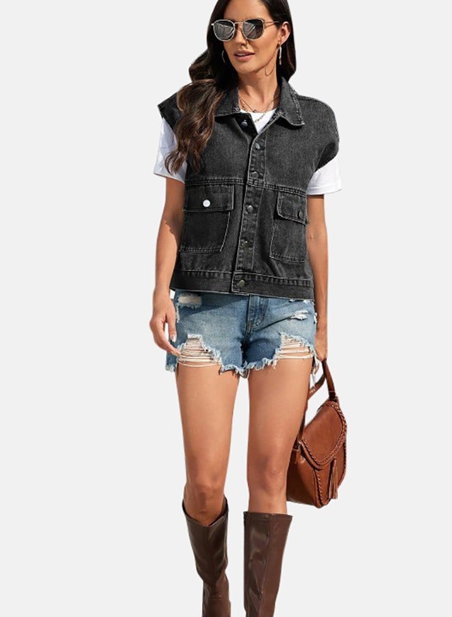 Black Collared Sleeveless Denim Jacket