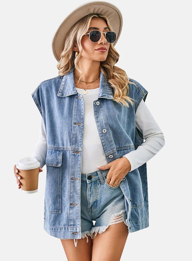 Blue Collared Sleeveless Denim Jacket