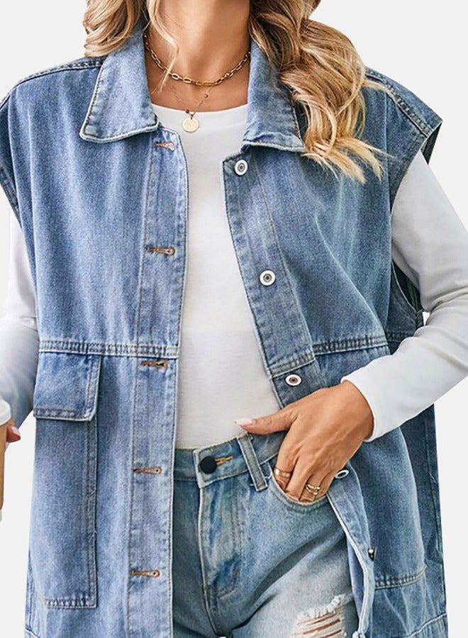 Blue Collared Sleeveless Denim Jacket