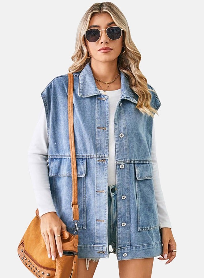 Blue Collared Sleeveless Denim Jacket