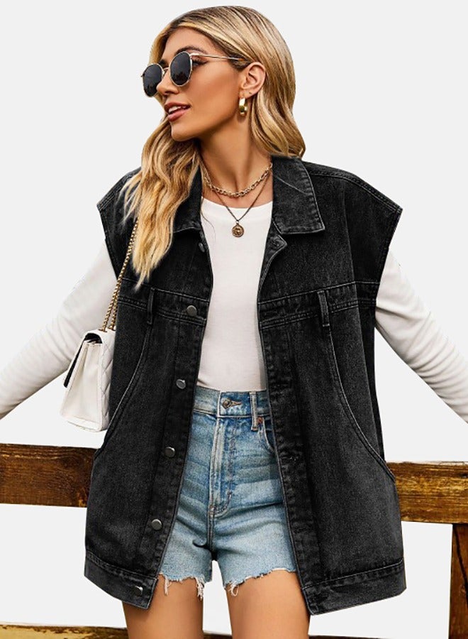 Black Collared Sleeveless Denim Jacket