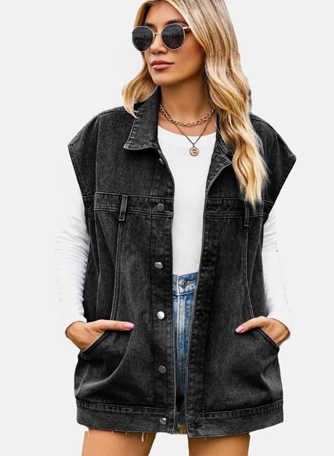 Black Collared Sleeveless Denim Jacket