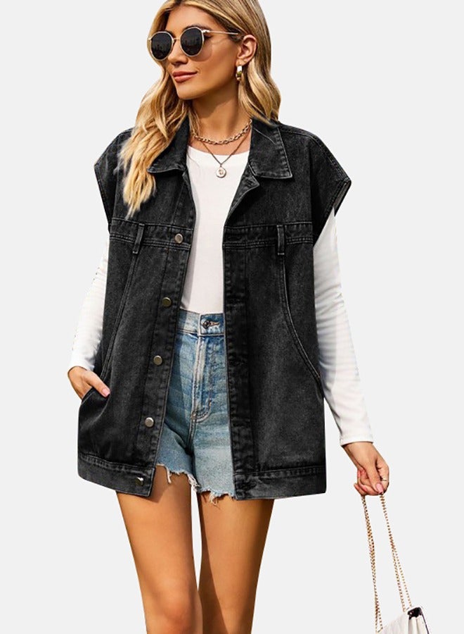 Black Collared Sleeveless Denim Jacket