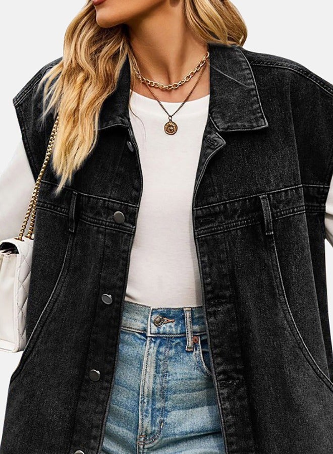 Black Collared Sleeveless Denim Jacket