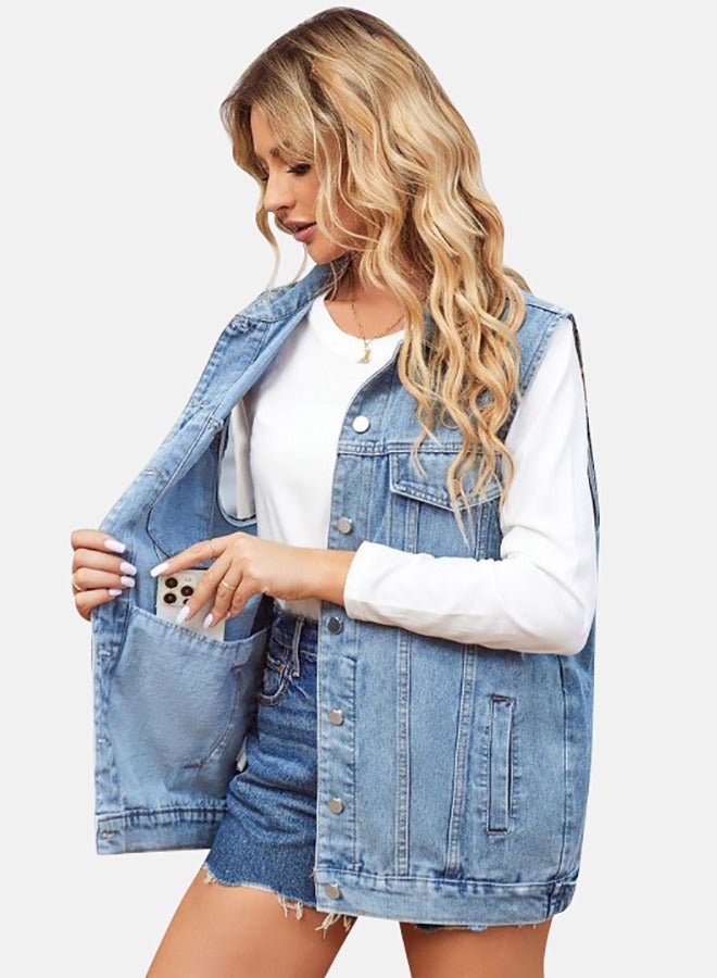 Blue Collared Sleeveless Denim Jacket