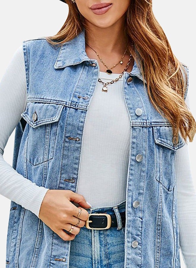 Blue Collared Sleeveless Denim Jacket