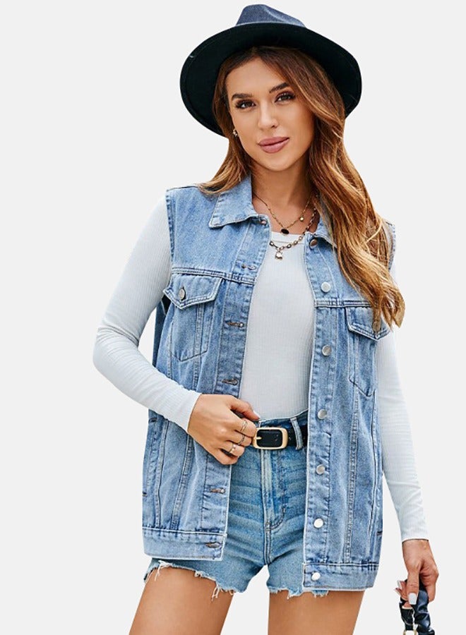 Blue Collared Sleeveless Denim Jacket