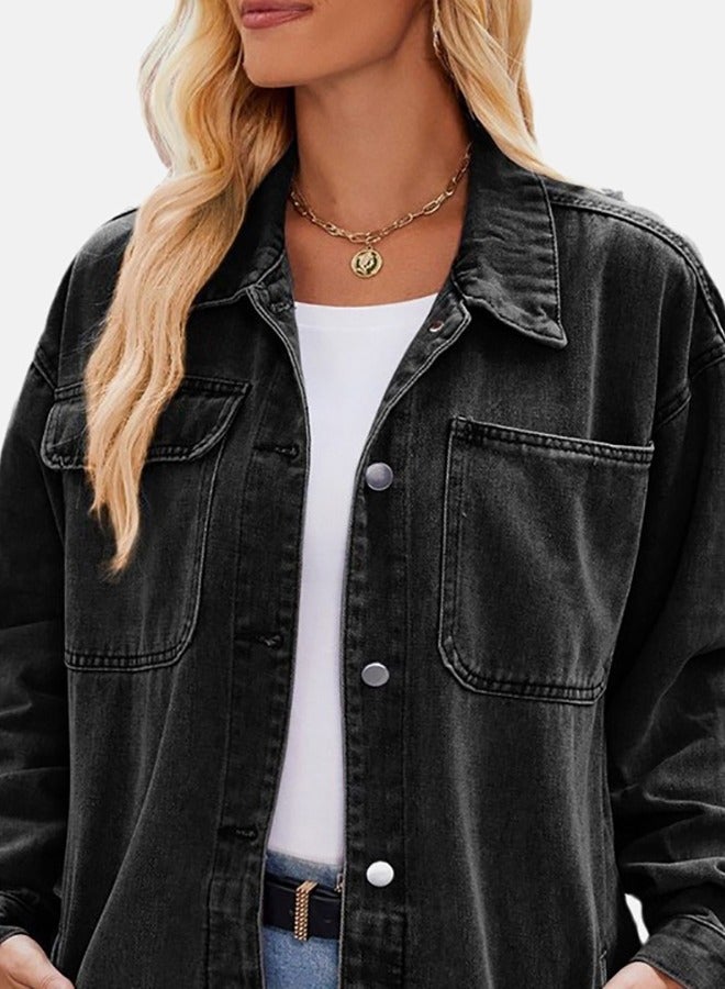 Black Collared Long Sleeve Denim Jacket