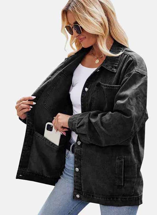 Black Collared Long Sleeve Denim Jacket