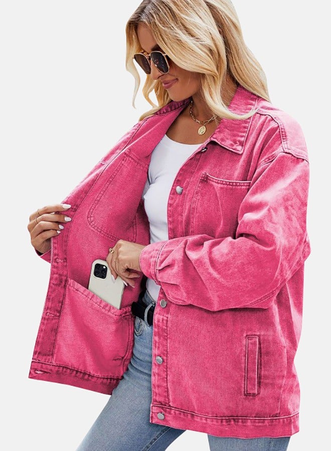 Pink Collared Long Sleeve Denim Jacket