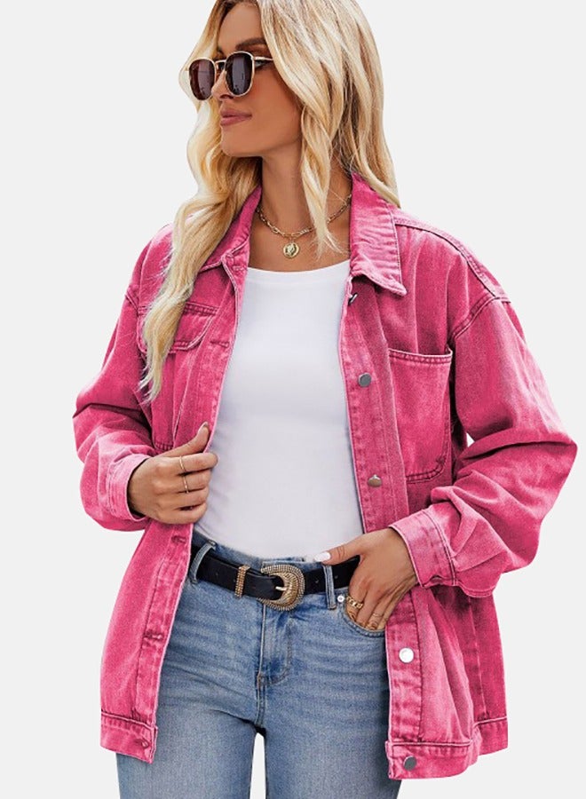 Pink Collared Long Sleeve Denim Jacket