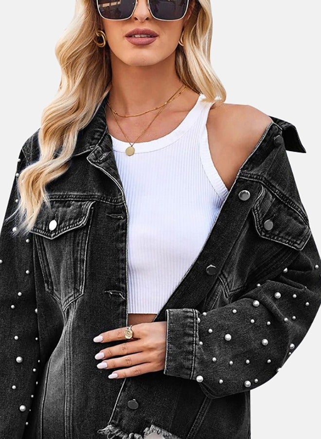 Black Collared Long Sleeve Denim Jacket