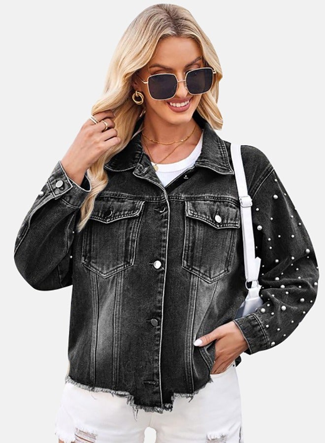 Black Collared Long Sleeve Denim Jacket