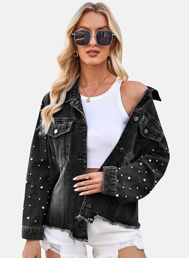 Black Collared Long Sleeve Denim Jacket