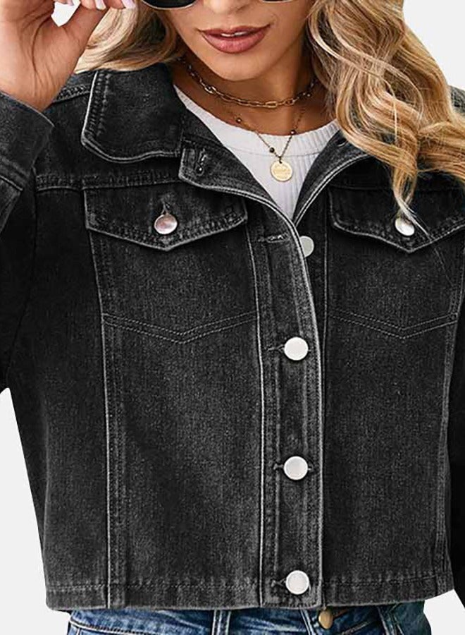 Black Collared Long Sleeve Denim Jacket