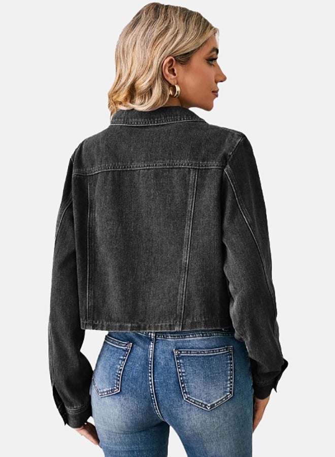 Black Collared Long Sleeve Denim Jacket