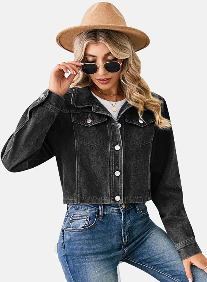 Black Collared Long Sleeve Denim Jacket