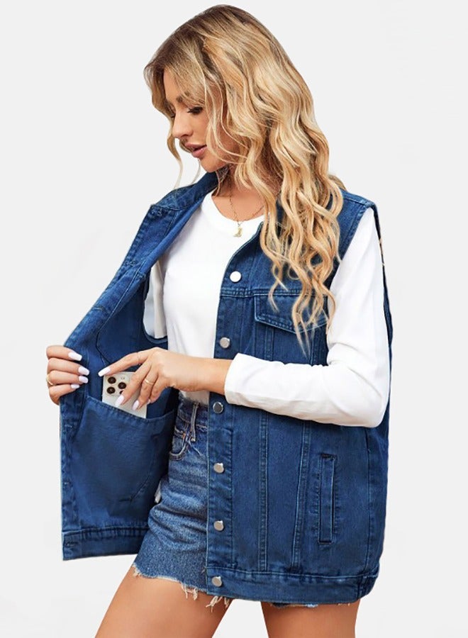 Blue Collared Sleeveless Denim Jacket