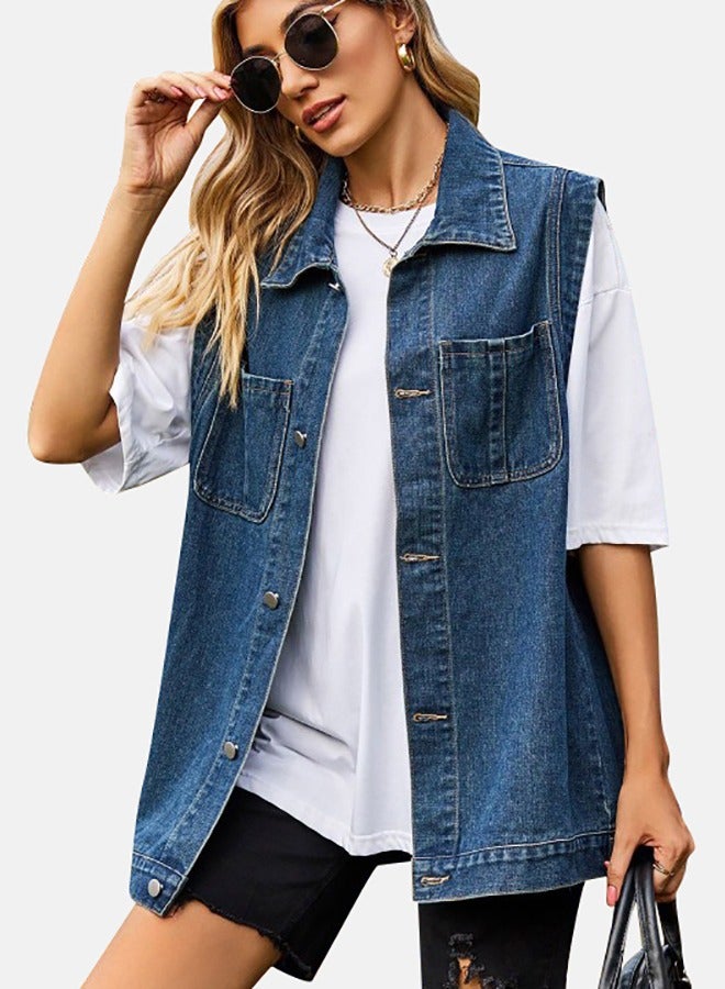 Blue Hooded Sleeveless Denim Jacket