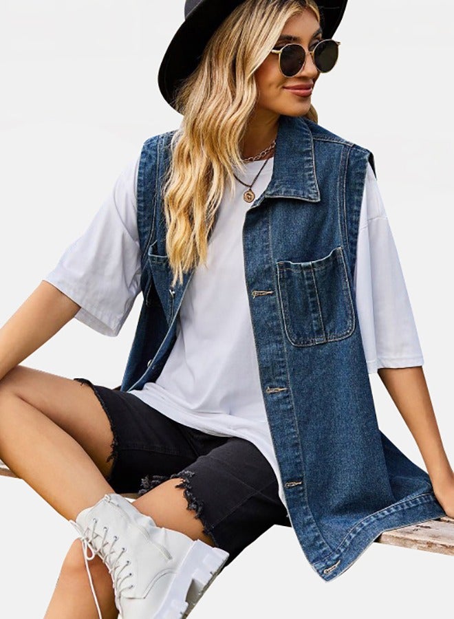 Blue Hooded Sleeveless Denim Jacket