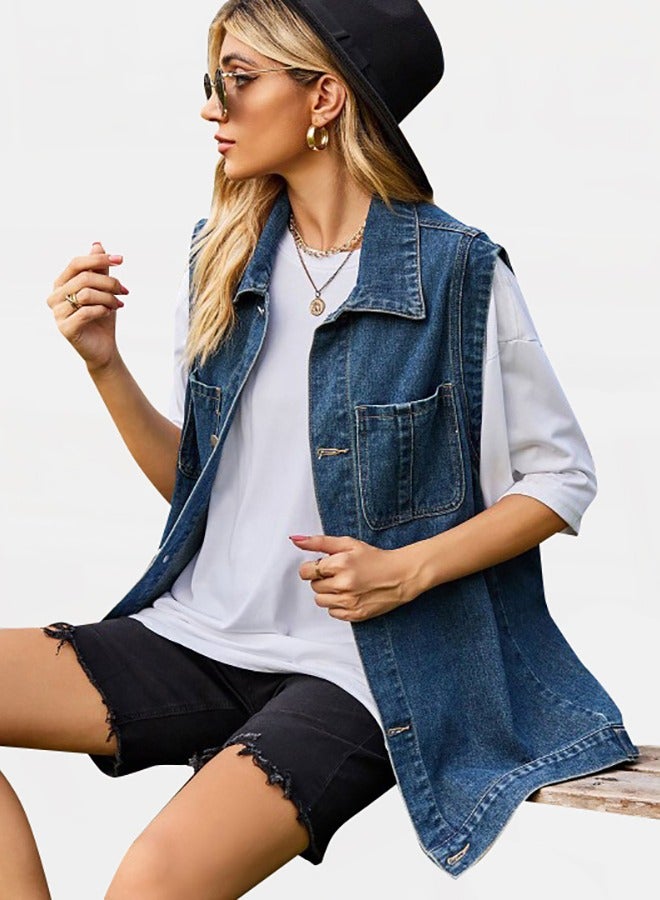 Blue Hooded Sleeveless Denim Jacket