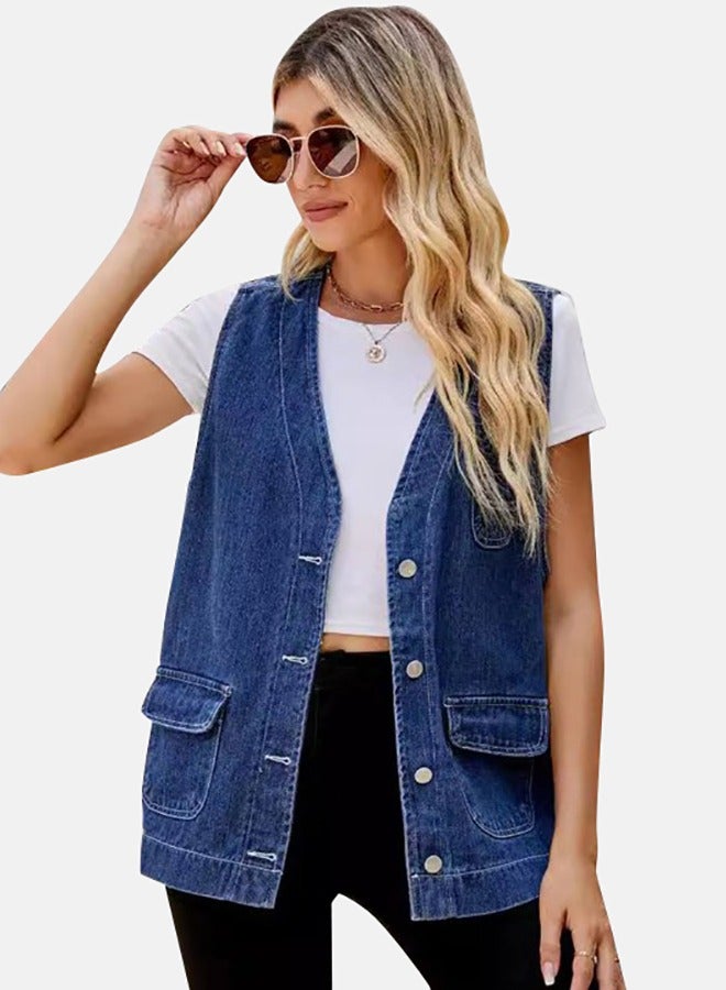 Blue V Neck Sleeveless Denim Jacket