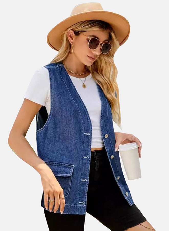 Blue V Neck Sleeveless Denim Jacket