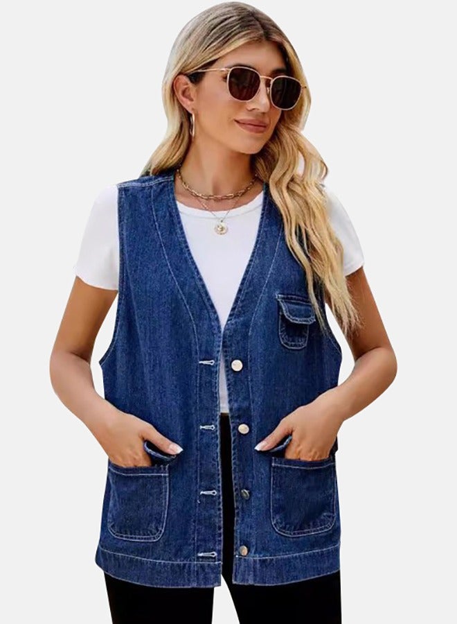 Blue V Neck Sleeveless Denim Jacket