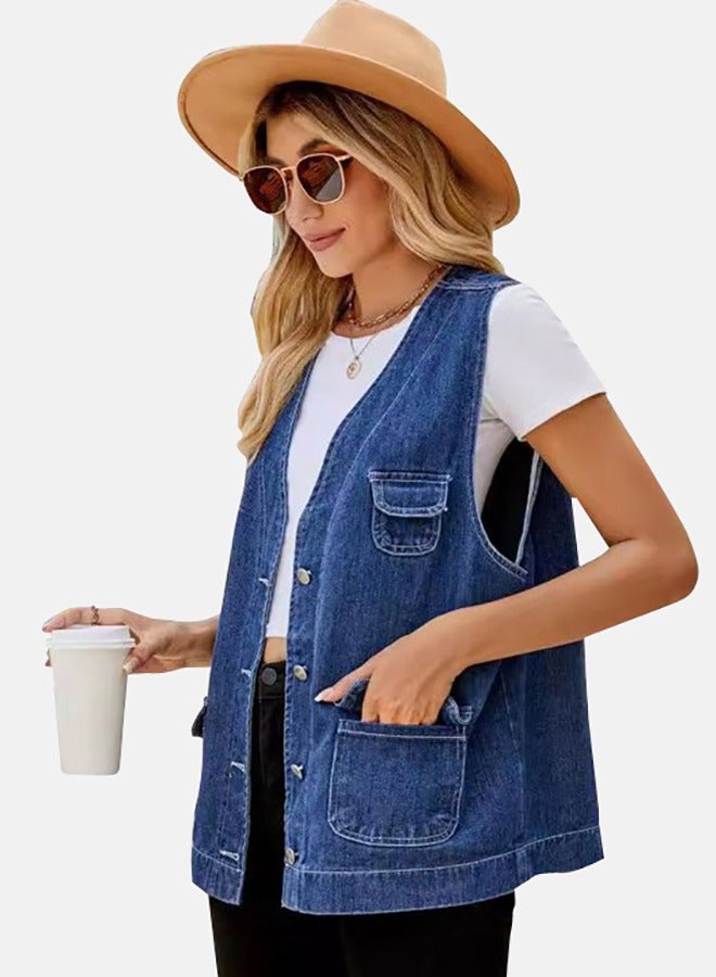 Blue V Neck Sleeveless Denim Jacket