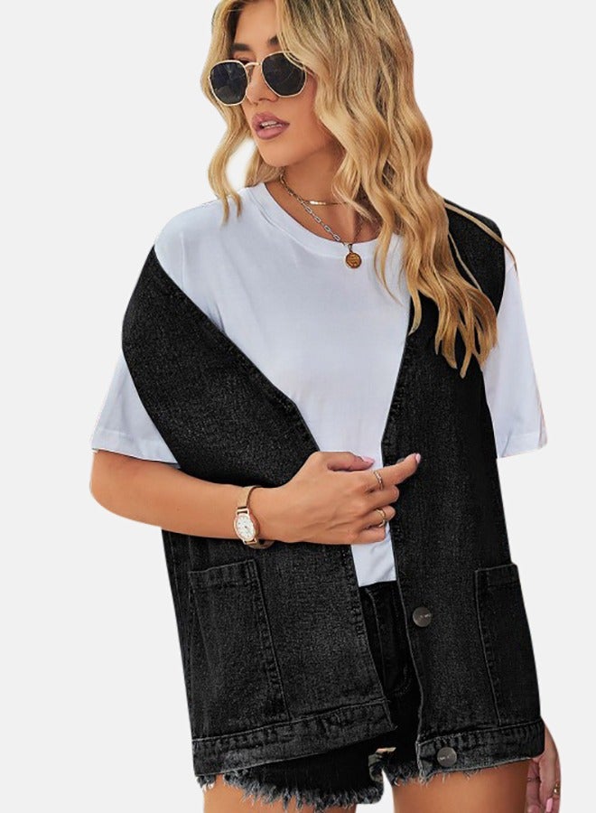 Black Open front Sleeveless Denim Jacket