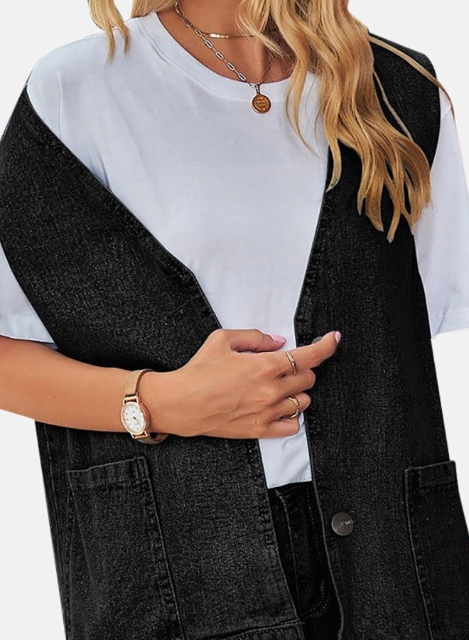 Black Open front Sleeveless Denim Jacket