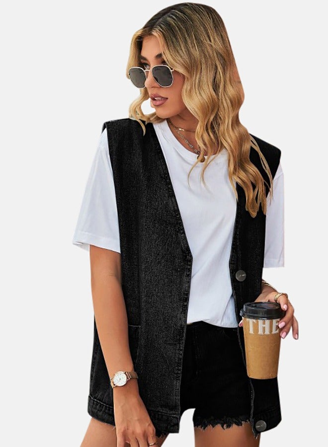 Black Open front Sleeveless Denim Jacket