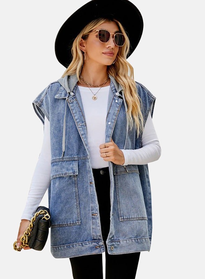 Blue Hooded Sleeveless Denim Jacket