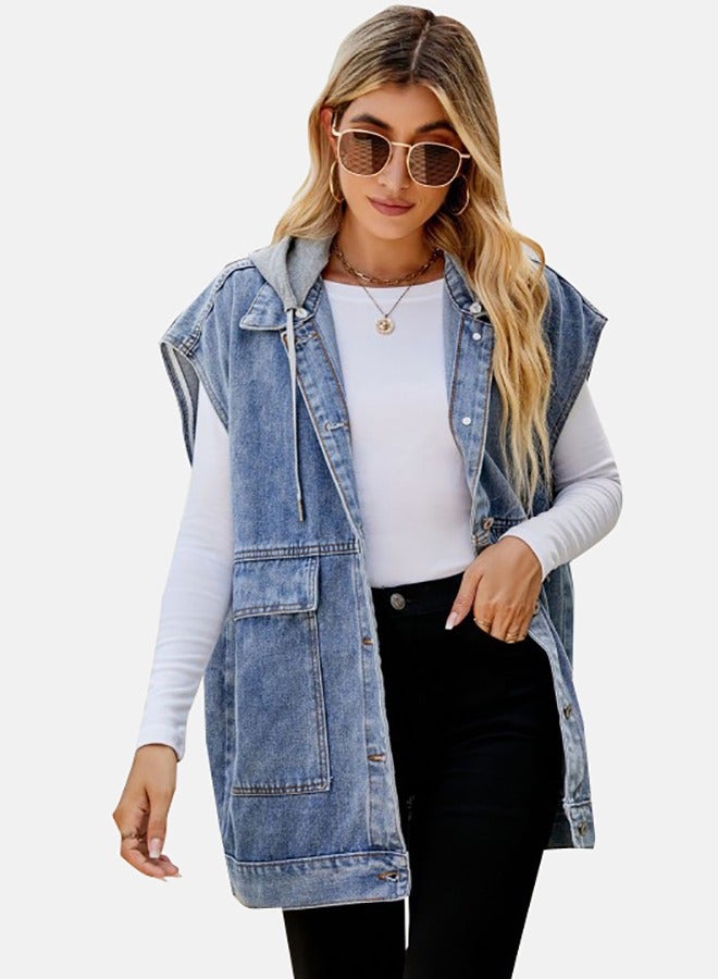 Blue Hooded Sleeveless Denim Jacket