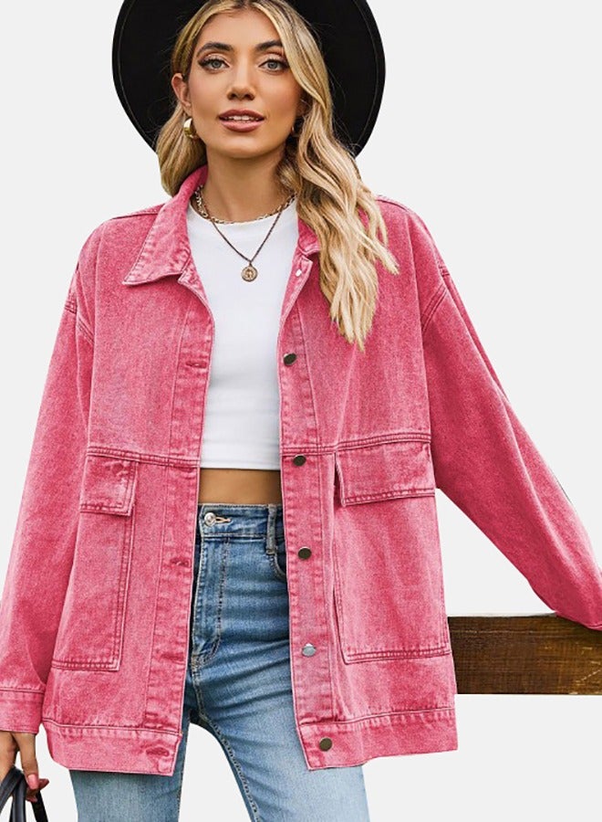 Pink Collared Long Sleeve Denim Jacket