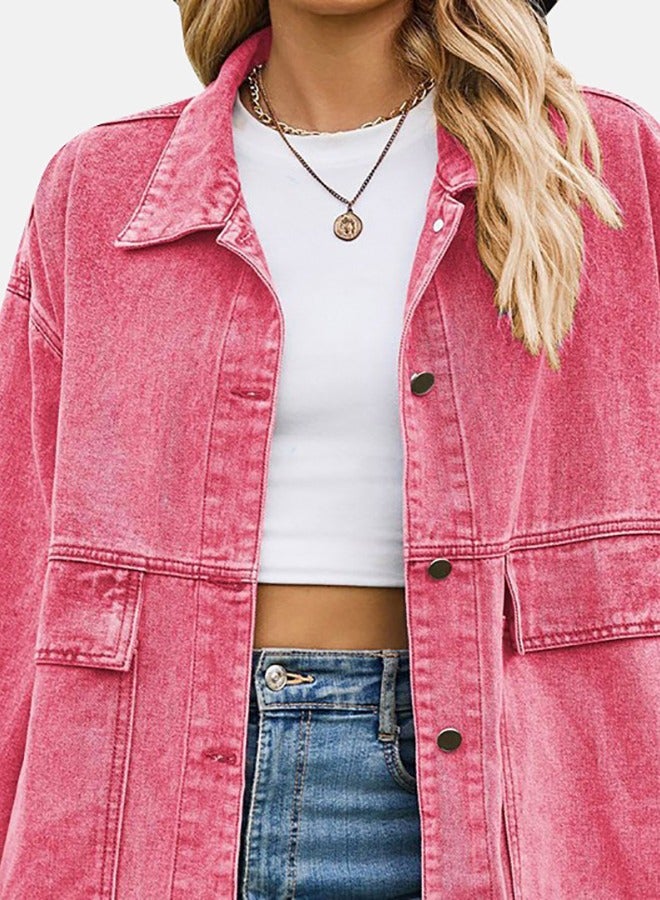 Pink Collared Long Sleeve Denim Jacket