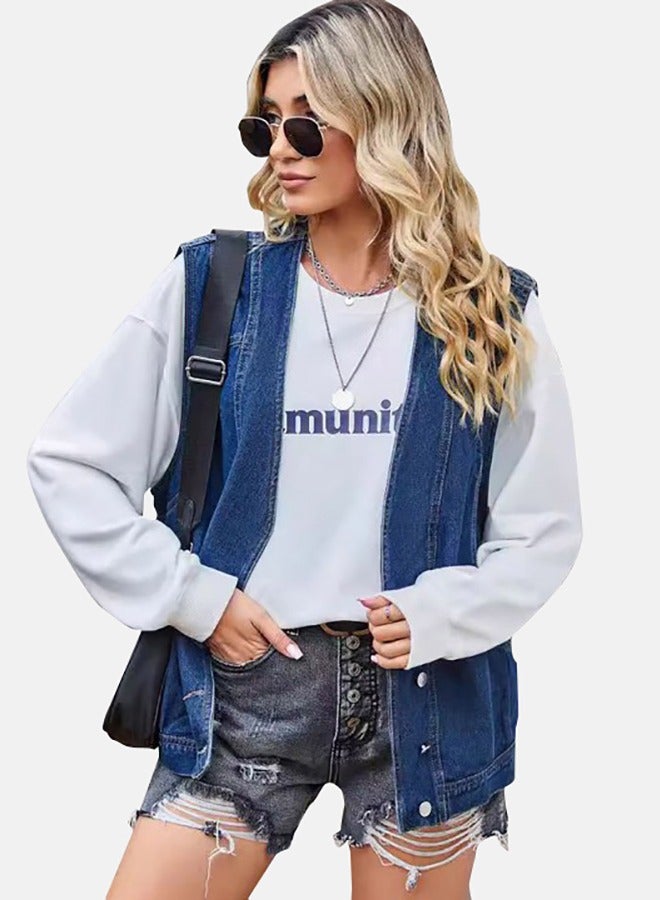 Blue Open front Sleeveless Denim Jacket