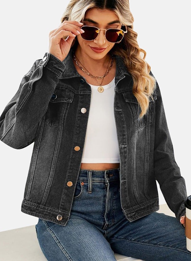 Black Collared Long Sleeve Denim Jacket