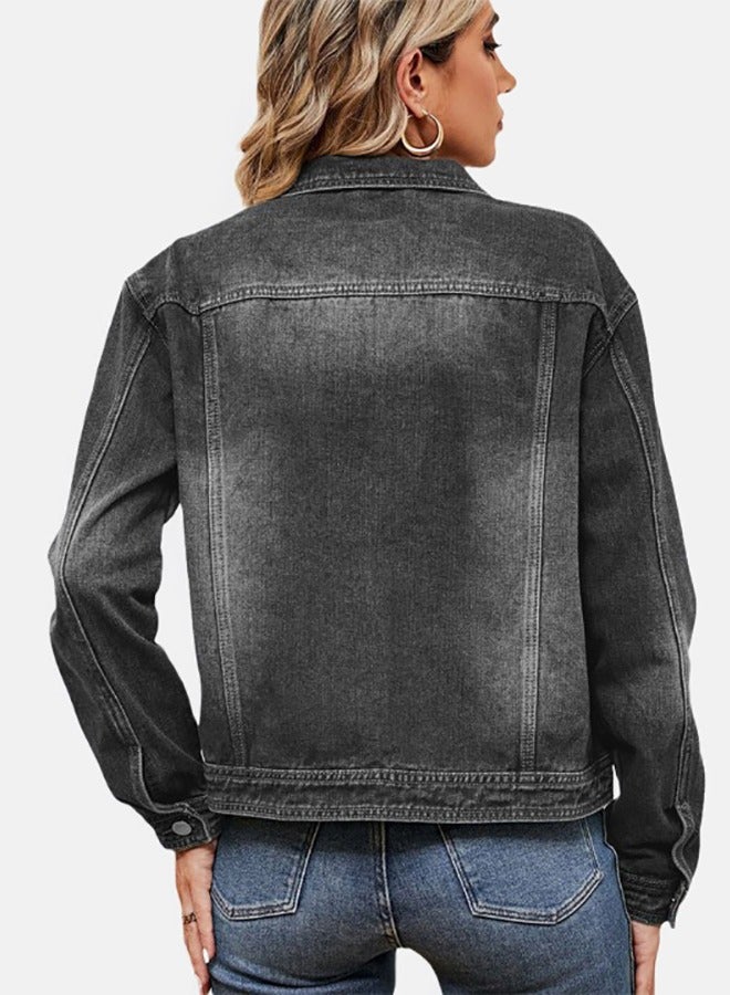 Black Collared Long Sleeve Denim Jacket