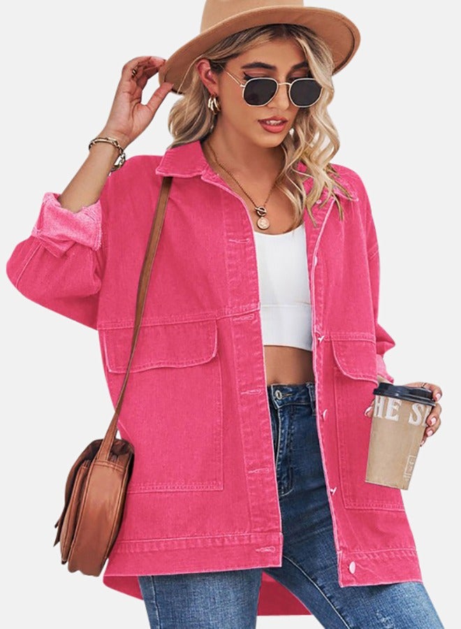 Pink Collared Long Sleeve Denim Jacket