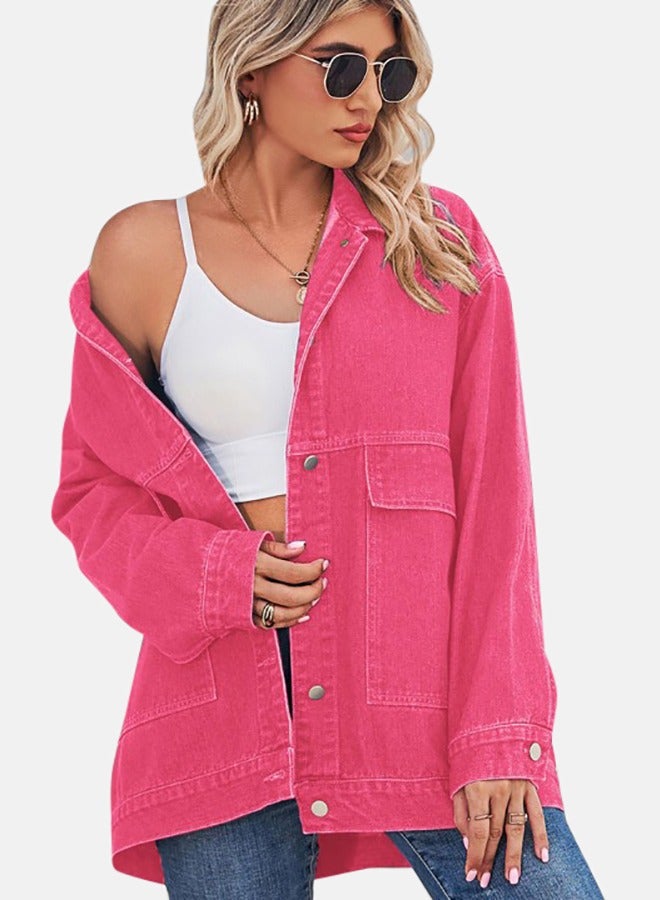 Pink Collared Long Sleeve Denim Jacket