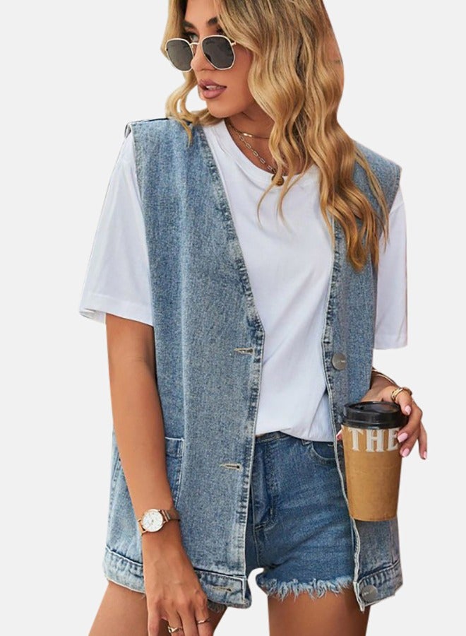 Blue Open front Sleeveless Denim Jacket