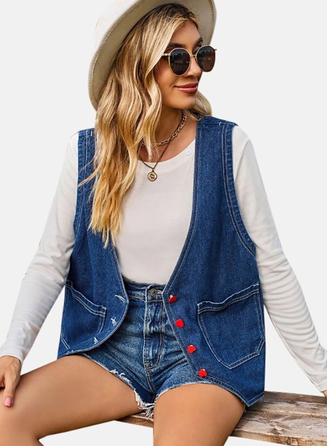 Blue V Neck Sleeveless Denim Jacket