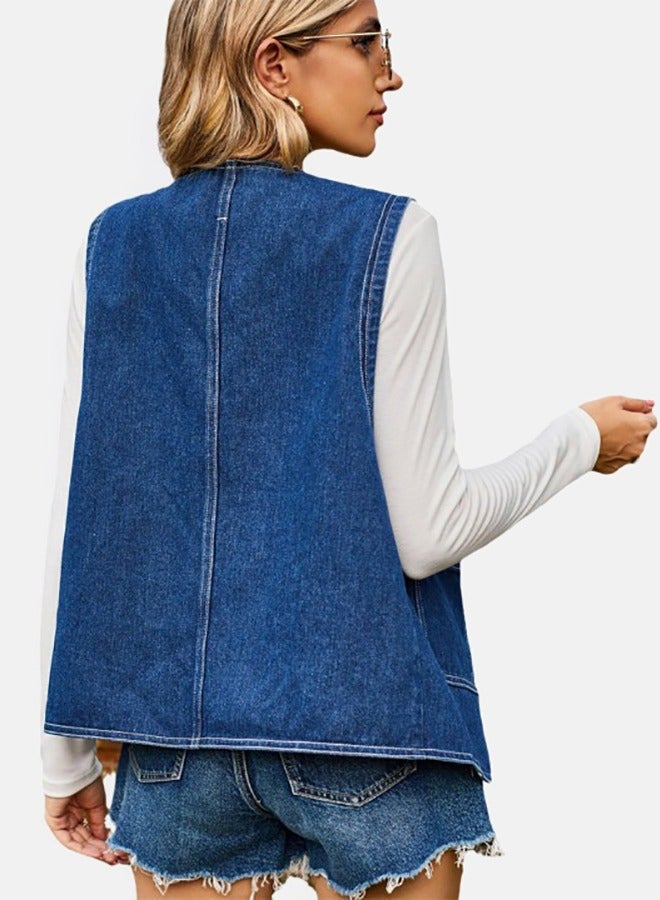 Blue V Neck Sleeveless Denim Jacket